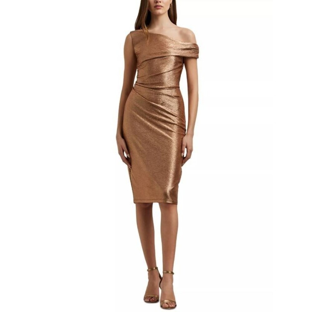 Ralph Lauren Metallic One Shoulder Cocktail Womens Dress 6 Shimmer Gold $195 NWT